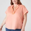 Knit Tops^Lane Bryant Relaxed Ruffle Notch-Neck Woven-Front Top Desert Flower