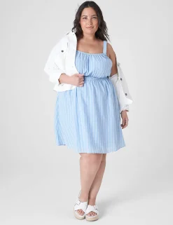 Casual^Lane Bryant Ruched-Strap Double Elastic-Waist Dress Blue Skinny Stripe