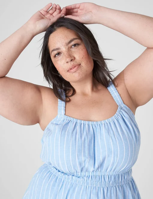 Work Versatile^Lane Bryant Ruched-Strap Double Elastic-Waist Dress Blue Skinny Stripe