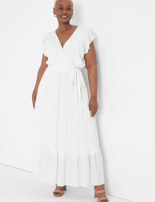Date Night^Lane Bryant Ruffle-Sleeve Belted Maxi Dress White Lurex Stripe