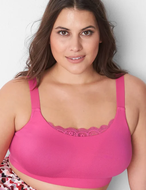 No-Wire Bras And Bralettes^Lane Bryant Seamless Rib Bralette - Lace Trim Pink Yarrow