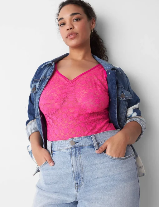 Bodysuits & Playsuits^Lane Bryant Sheer Lace Bodysuit Pink Glow