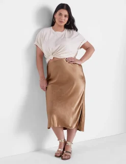 Skirts^Lane Bryant Shirttail Hem Maxi Satin Skirt Chipmunk