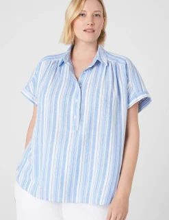 Shirts & Blouses^Lane Bryant Short-Sleeve Collared Popover Top Blue & White Stripe