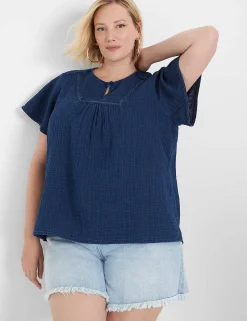 Shirts & Blouses^Lane Bryant Short-Sleeve Keyhole-Neck Indigo Top Navy