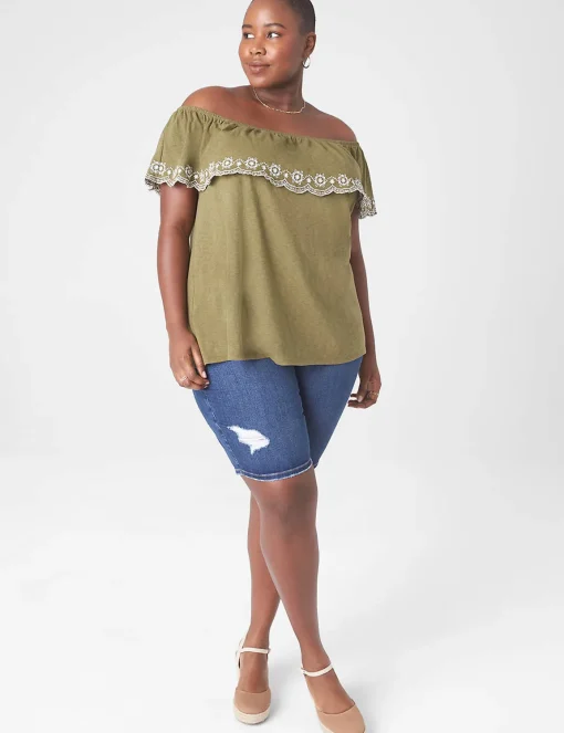 Crops, Capris And Shorts^Lane Bryant Signature Fit Bermuda Jean Short - Light Destruction Medium Denim