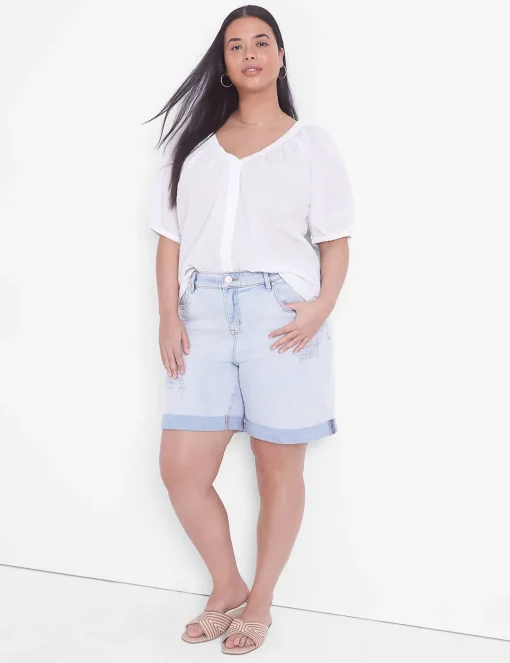 Crops, Capris And Shorts^Lane Bryant Signature Fit Boyfriend Jean Midi Short With Embroidery Light Denim