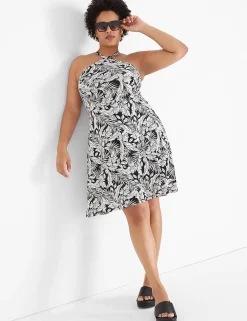 Casual^Lane Bryant Sleeveless Halter-Neck Dress Maui Leaves