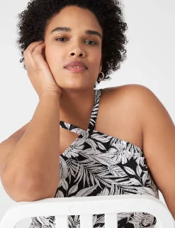 Casual^Lane Bryant Sleeveless Halter-Neck Dress Maui Leaves