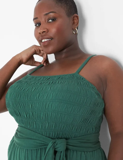 Work Versatile^Lane Bryant Smocked-Bodice Waist-Tie Jumpsuit Hunter Green