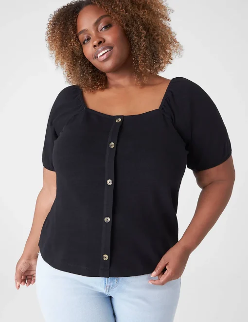 Knit Tops^Lane Bryant Square-Neck Button-Front Top Black