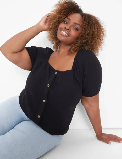 Knit Tops^Lane Bryant Square-Neck Button-Front Top Black