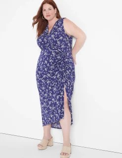 Maxi & Midi^Lane Bryant Surplice-Neck Ruched Maxi Dress Blue Floral