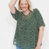 The Tee Shop^Lane Bryant Swing Puff-Sleeve Crew-Neck Mesh Top Green Dot Print