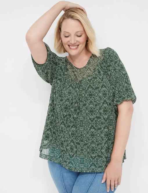 The Tee Shop^Lane Bryant Swing Puff-Sleeve Crew-Neck Mesh Top Green Dot Print
