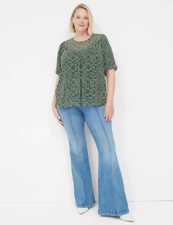 The Tee Shop^Lane Bryant Swing Puff-Sleeve Crew-Neck Mesh Top Green Dot Print