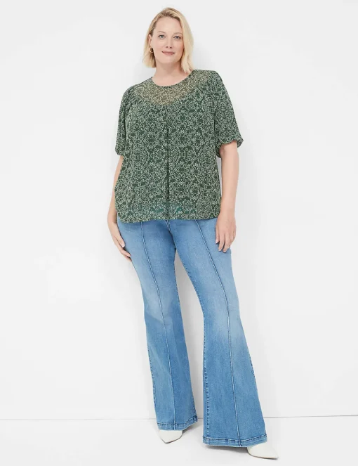 The Tee Shop^Lane Bryant Swing Puff-Sleeve Crew-Neck Mesh Top Green Dot Print