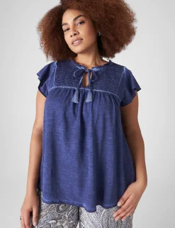 Knit Tops^Lane Bryant Swing Ruffle-Neck Smocked-Yoke Tee Maritime Blue