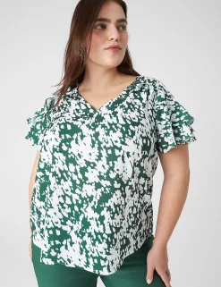 Shirts & Blouses^Lane Bryant Swing V-Neck Ruffle Blouse Dappled Green