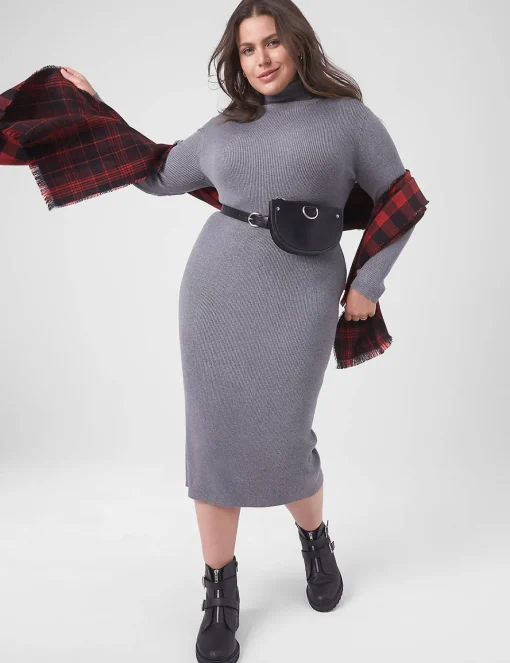 Maxi & Midi^Lane Bryant Turtleneck Ribbed Bodycon Sweater Dress Grey