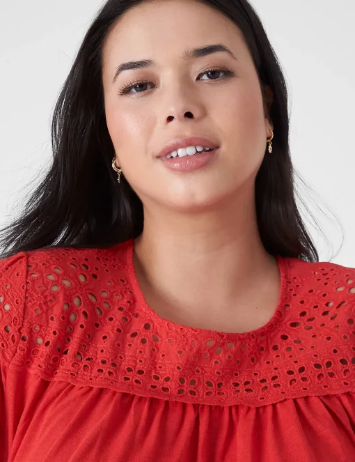 Knit Tops^Lane Bryant Woven Eyelet Yoke Knit Tee Red